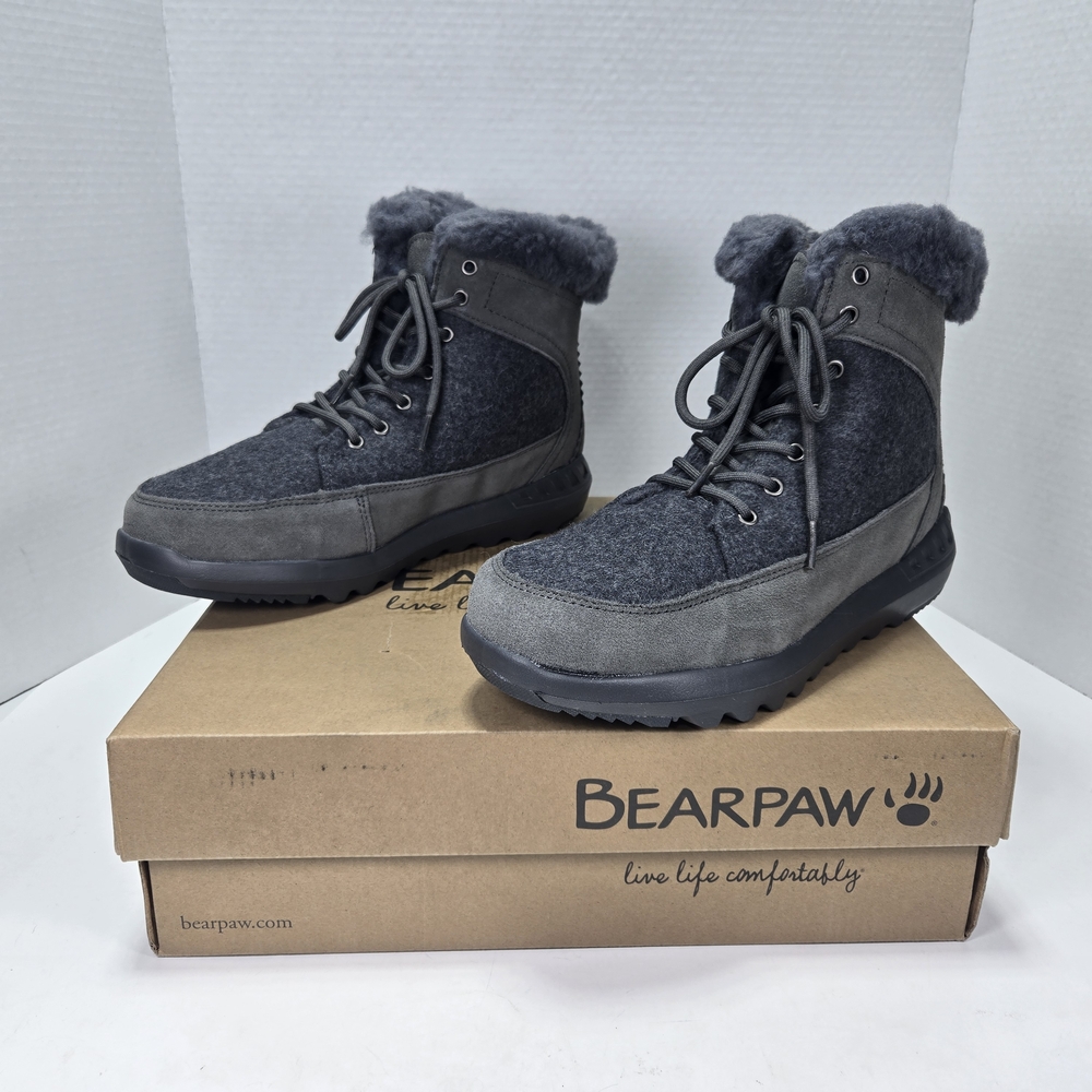 BearPaw Cheryl Charcoal Gray Lace-Up Boots with Fur Trim Women's Size 10